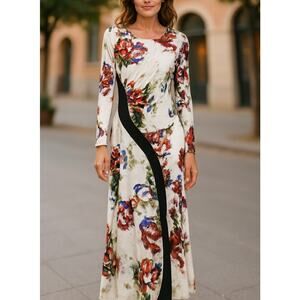 Roberto Cavalli Floral Stretch Jersey Maxi Gown Dress Long Sleeve Size XL